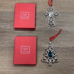 Lenox NEW Bejeweled Christmas Tree & Cross Ornament Set Silverplate Gem Holiday